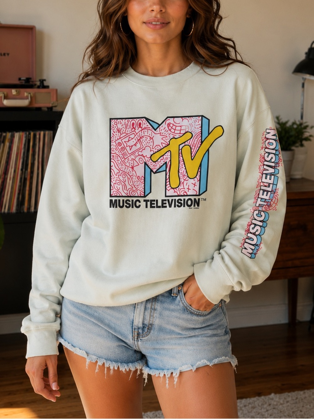 MTV Music Television Graphic Sweatshirt - Light Sage with Pink/Yellow Logo